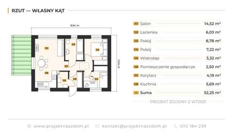 Projekt Domu 52 m2 "WŁASNY KĄT " - Pompą ciepła